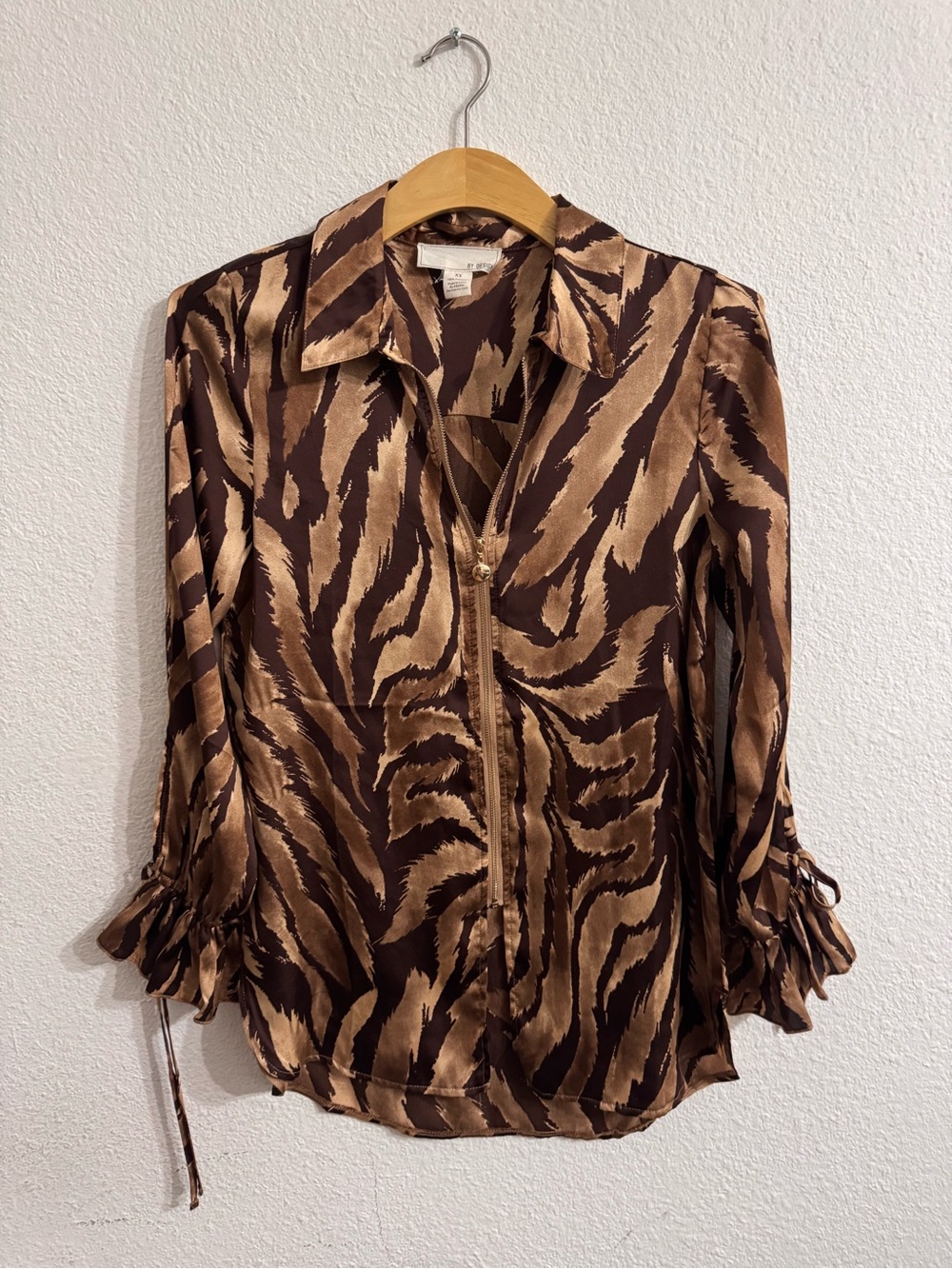 Brown Animal-Print Zip Front Button-Down Blouse